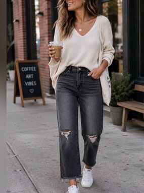 RFM High-Rise Distressed Straight-Leg Jeans - Washed Black size 3/26